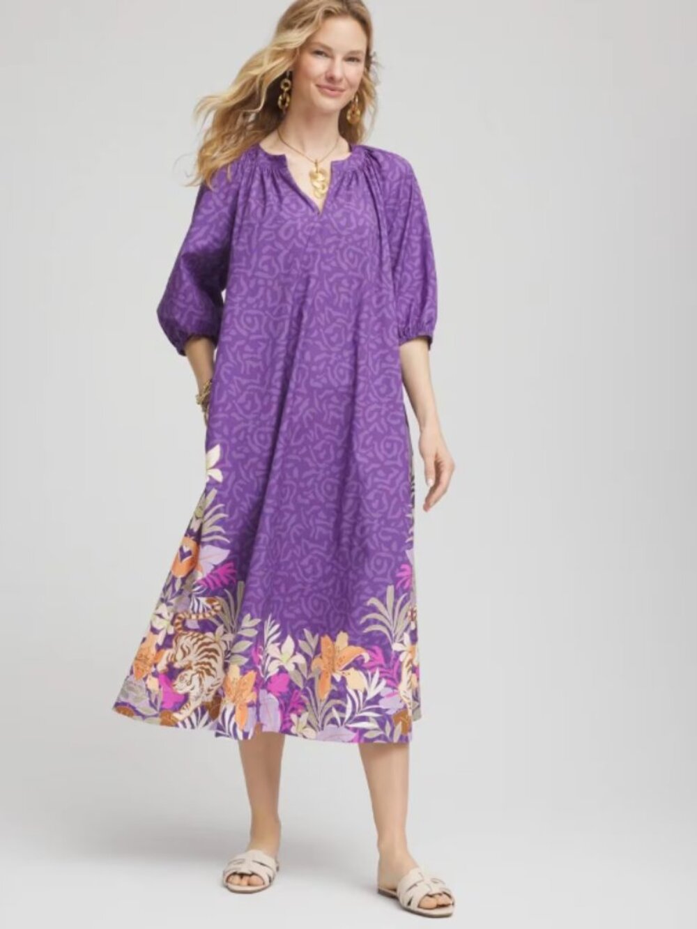 Chico's Floral Poplin Midi Day Dress Floral Tropical Print Cotton Vacation XXL